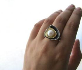 Layers- Sterling silver,bronze and freshwater pearl ring.